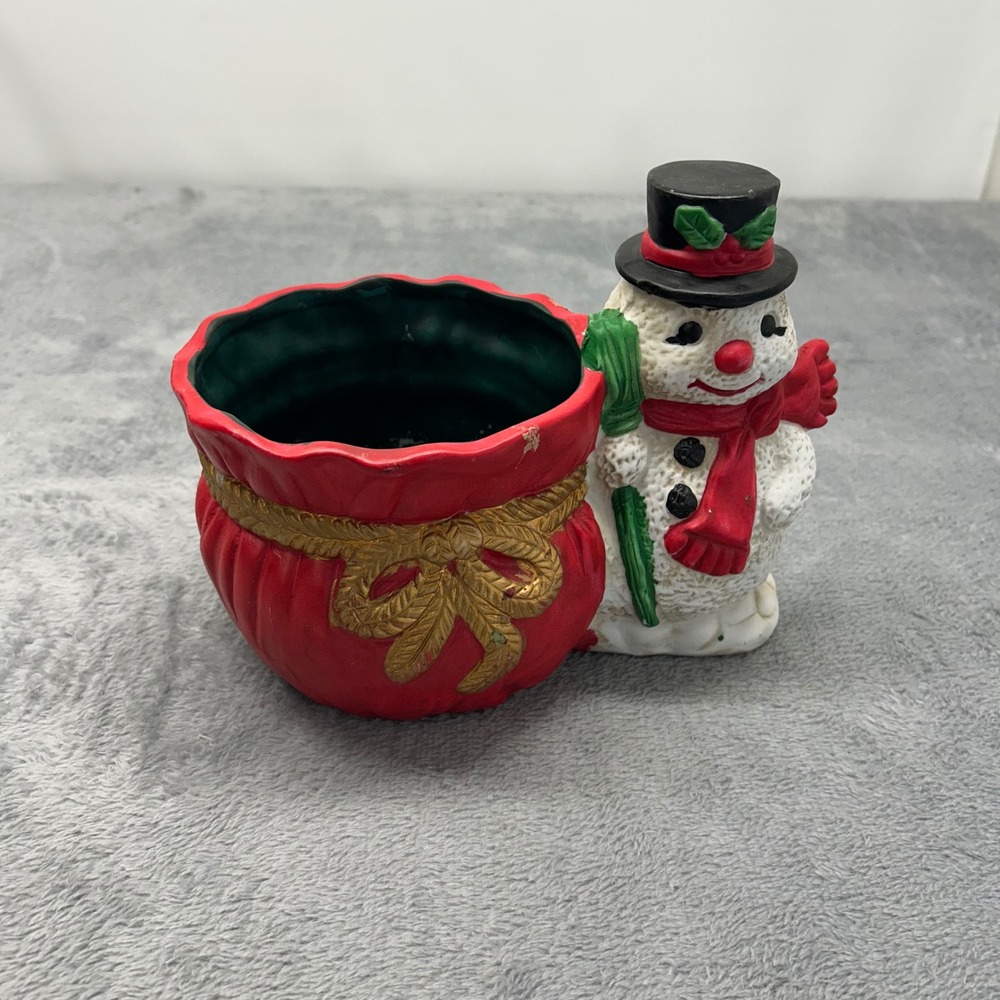 Vintage Cavalier Glass Snowman with Red Santa Sack Ceramic Planter Candy Dish